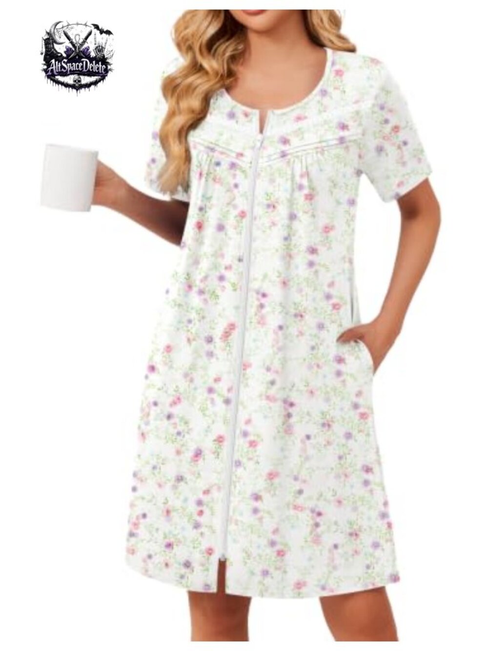 Women's Zip Front Short Sleeve Lace Loungewear Housecoat with Pockets